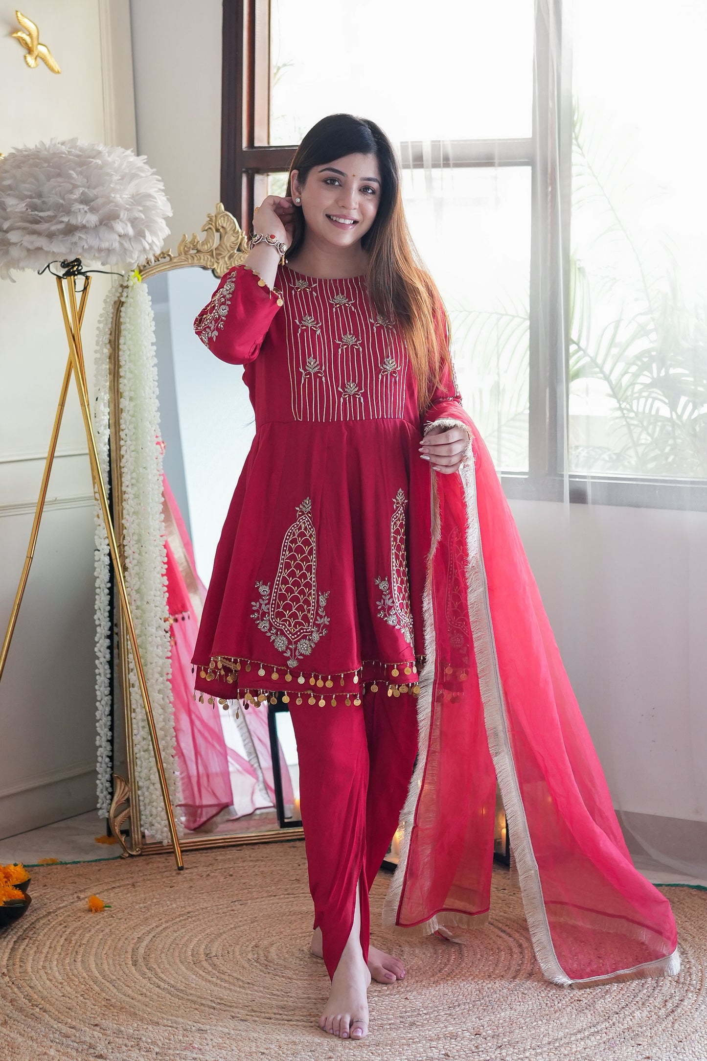 Nari Red Short Anarkali Suit With Dhoti