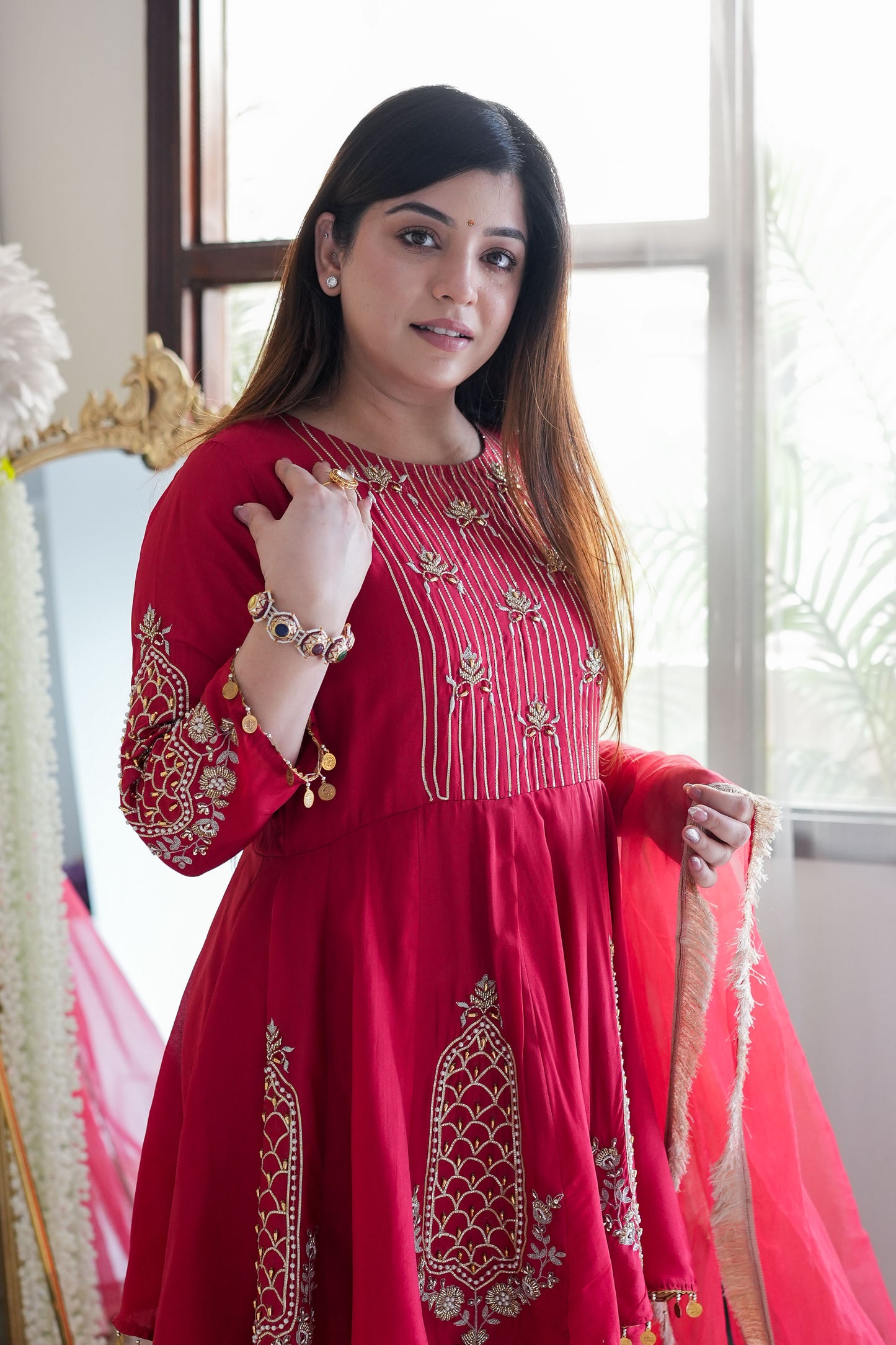 Nari Red Short Anarkali Suit With Dhoti