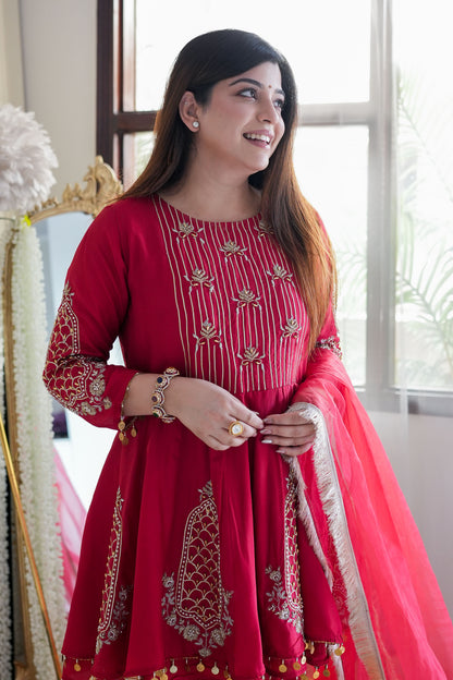 Nari Red Short Anarkali Suit With Dhoti