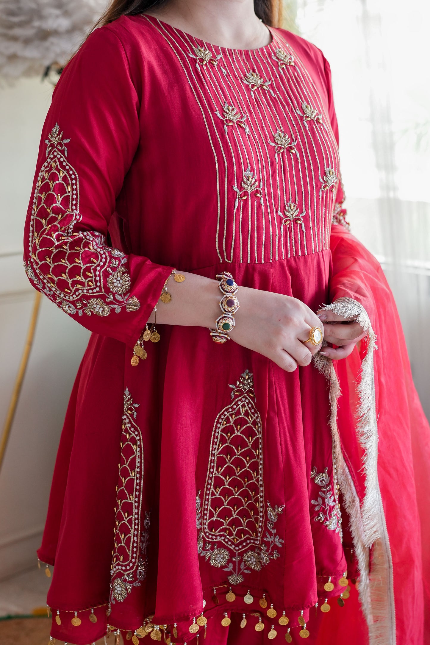 Nari Red Short Anarkali Suit With Dhoti