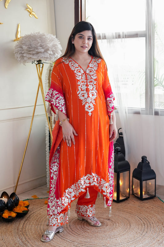 Nazma Orange Gota Detailing Kaftan Set