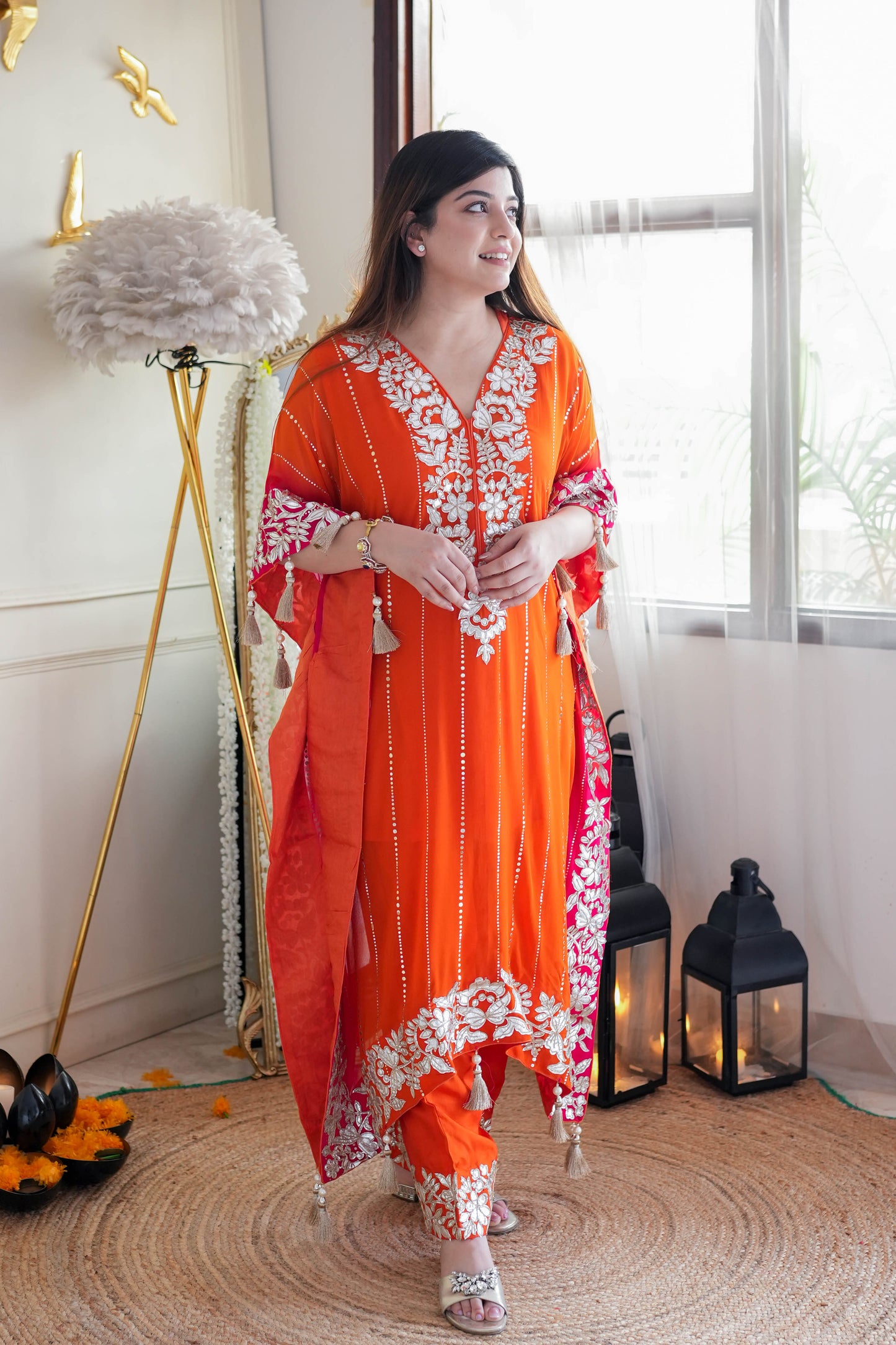 Nazma Orange Gota Detailing Kaftan Set