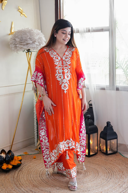 Nazma Orange Gota Detailing Kaftan Set