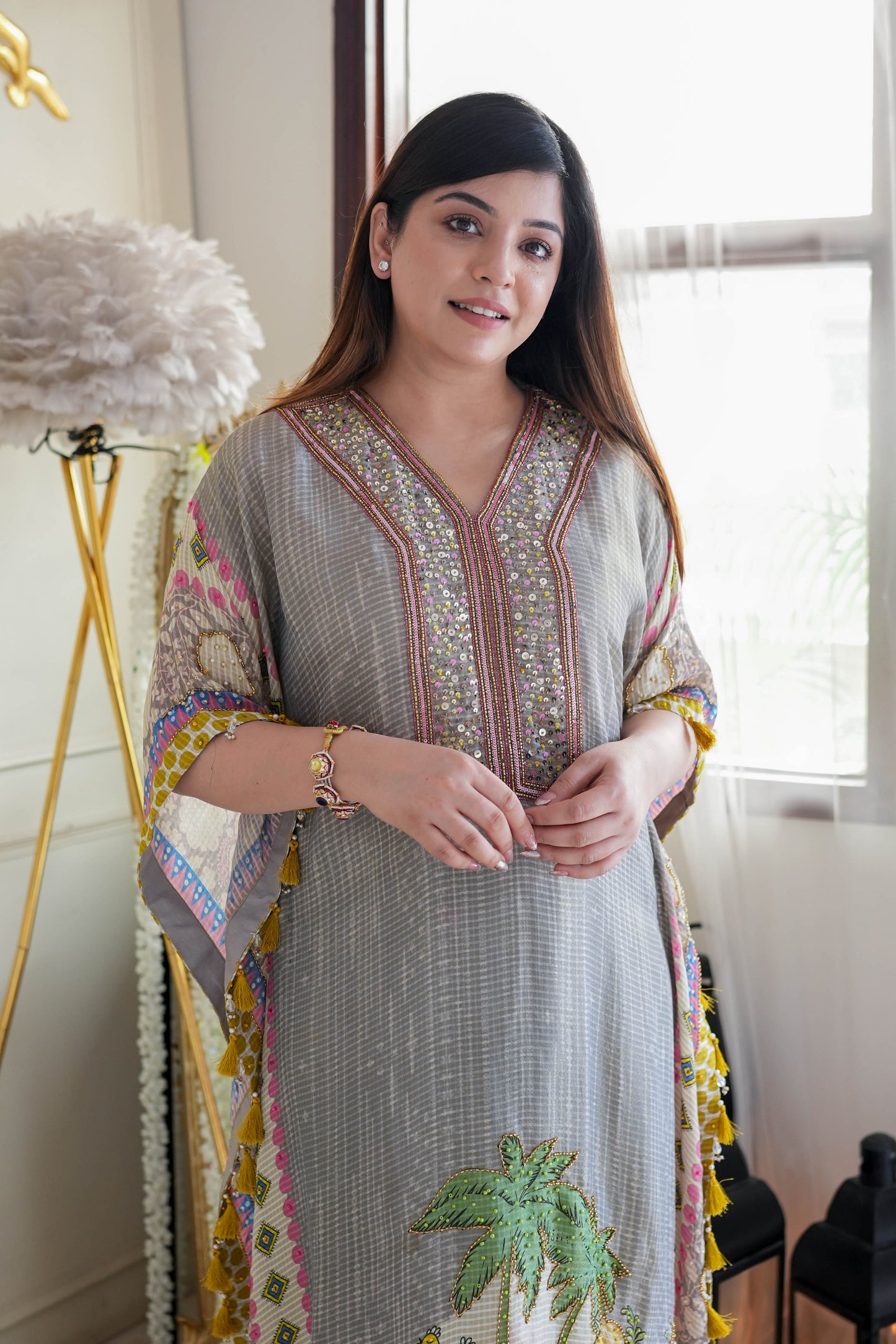 Grey Luxe Printed Kaftan Set