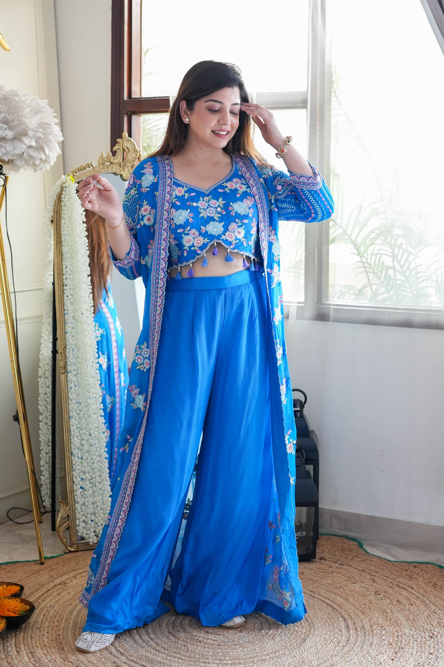 Blue Embroidred Three Piece Set