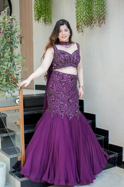 Saraya Hand Embroidered Fish Cut Lehenga