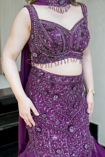 Saraya Hand Embroidered Fish Cut Lehenga