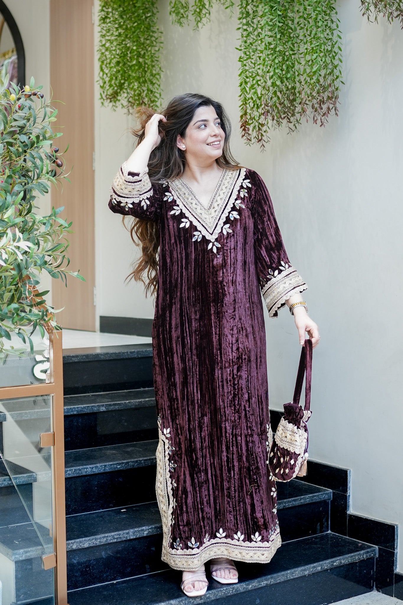 Navisha Embroidered Velvet Dress with Potli