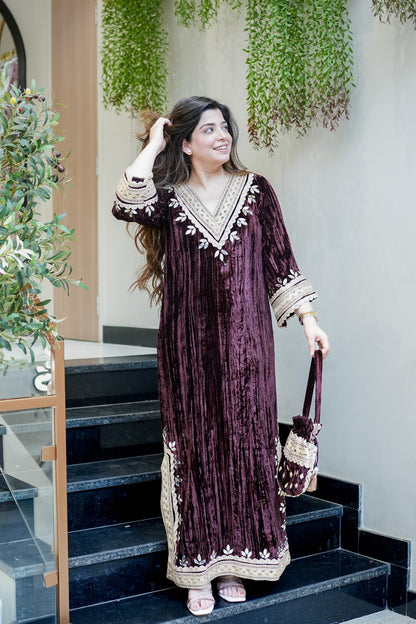 Navisha Embroidered Velvet Dress with Potli