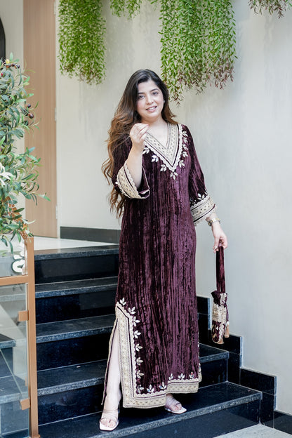Navisha Embroidered Velvet Dress with Potli