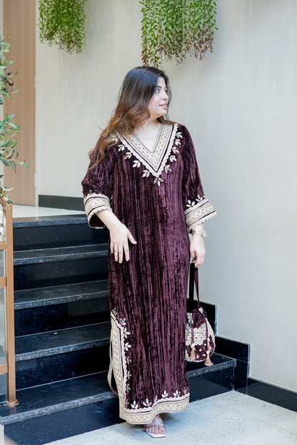 Navisha Embroidered Velvet Dress with Potli