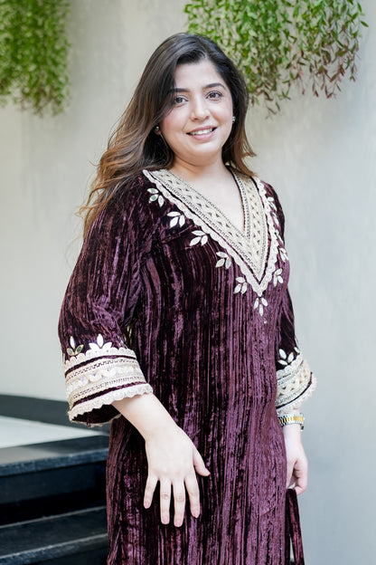 Navisha Embroidered Velvet Dress with Potli
