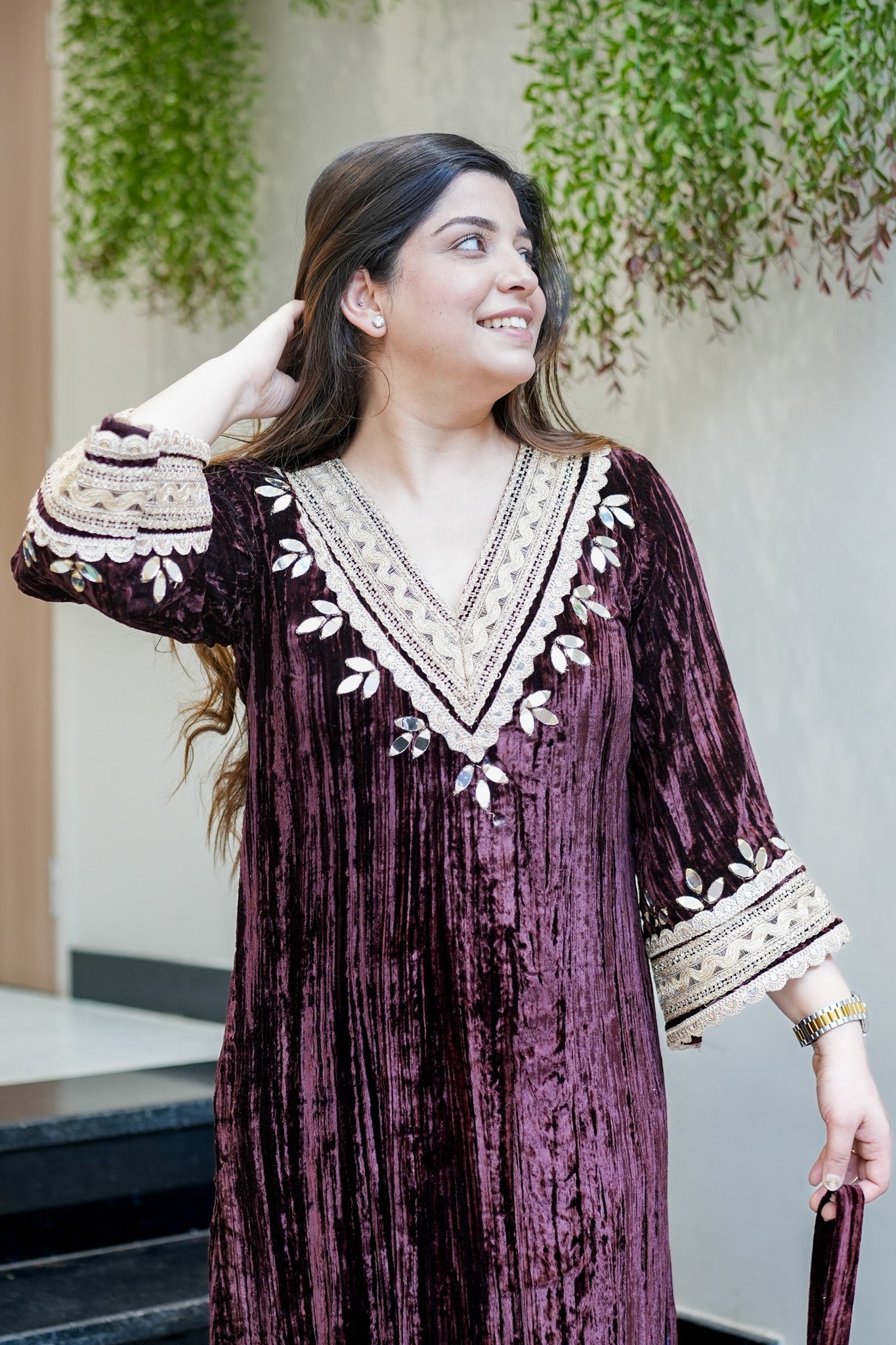 Navisha Embroidered Velvet Dress with Potli