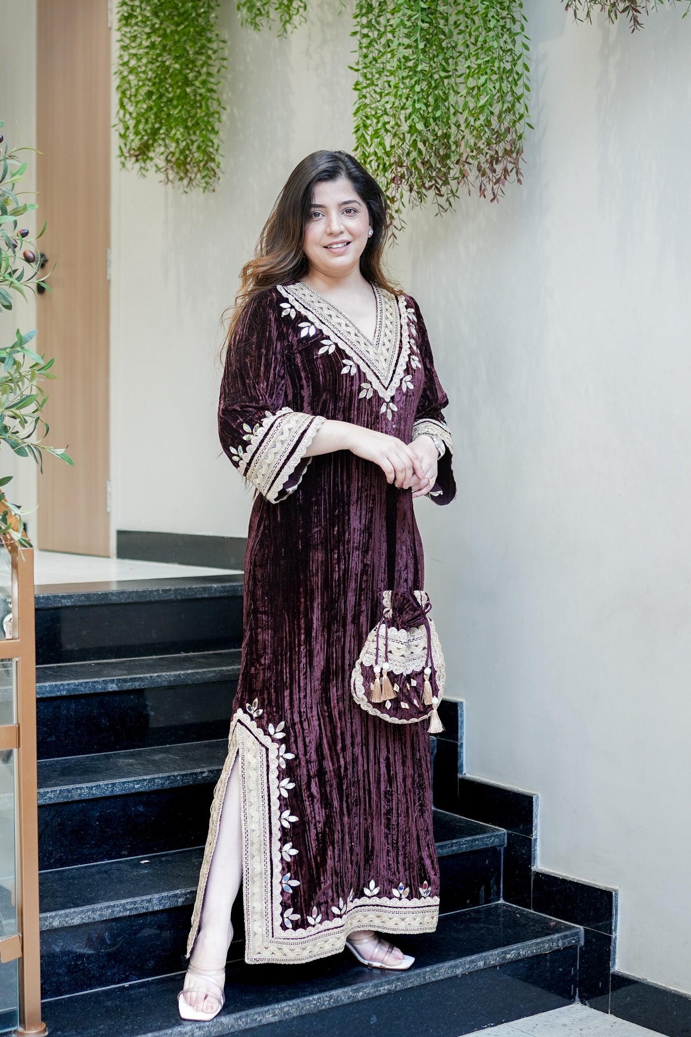 Navisha Embroidered Velvet Dress with Potli