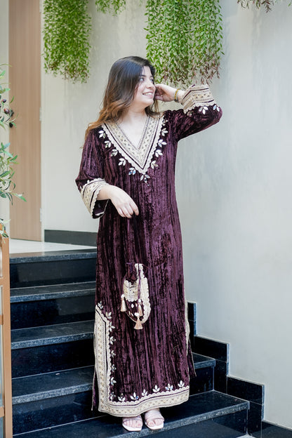 Navisha Embroidered Velvet Dress with Potli