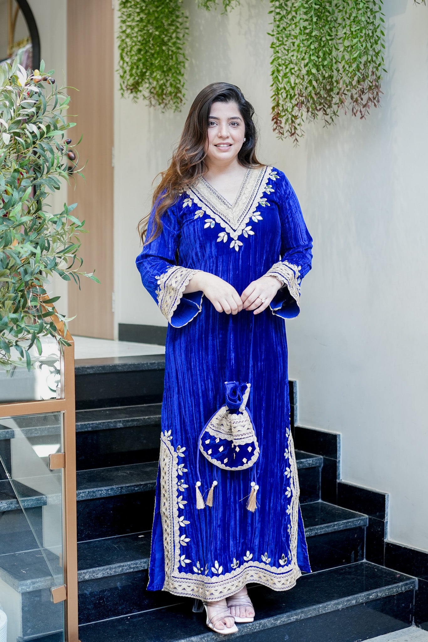 Navisha Embroidered Velvet Dress with Potli