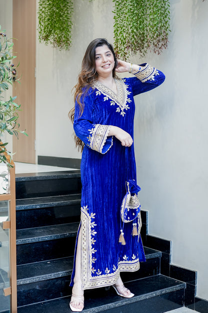 Navisha Embroidered Velvet Dress with Potli
