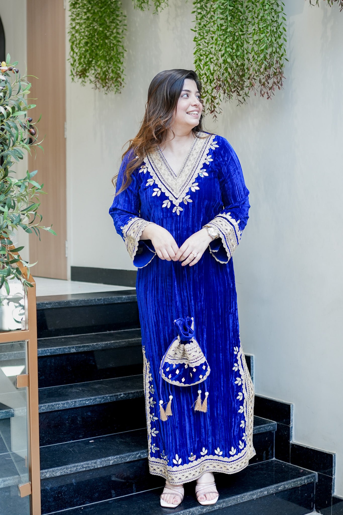 Navisha Embroidered Velvet Dress with Potli