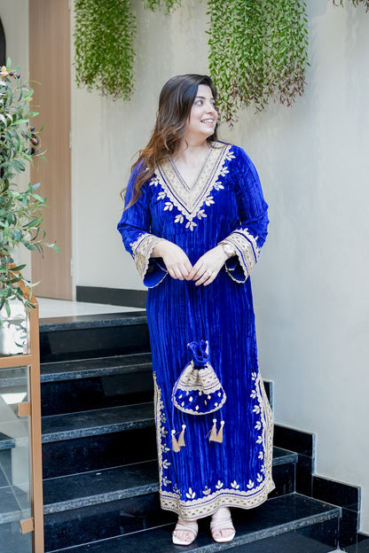 Navisha Embroidered Velvet Dress with Potli