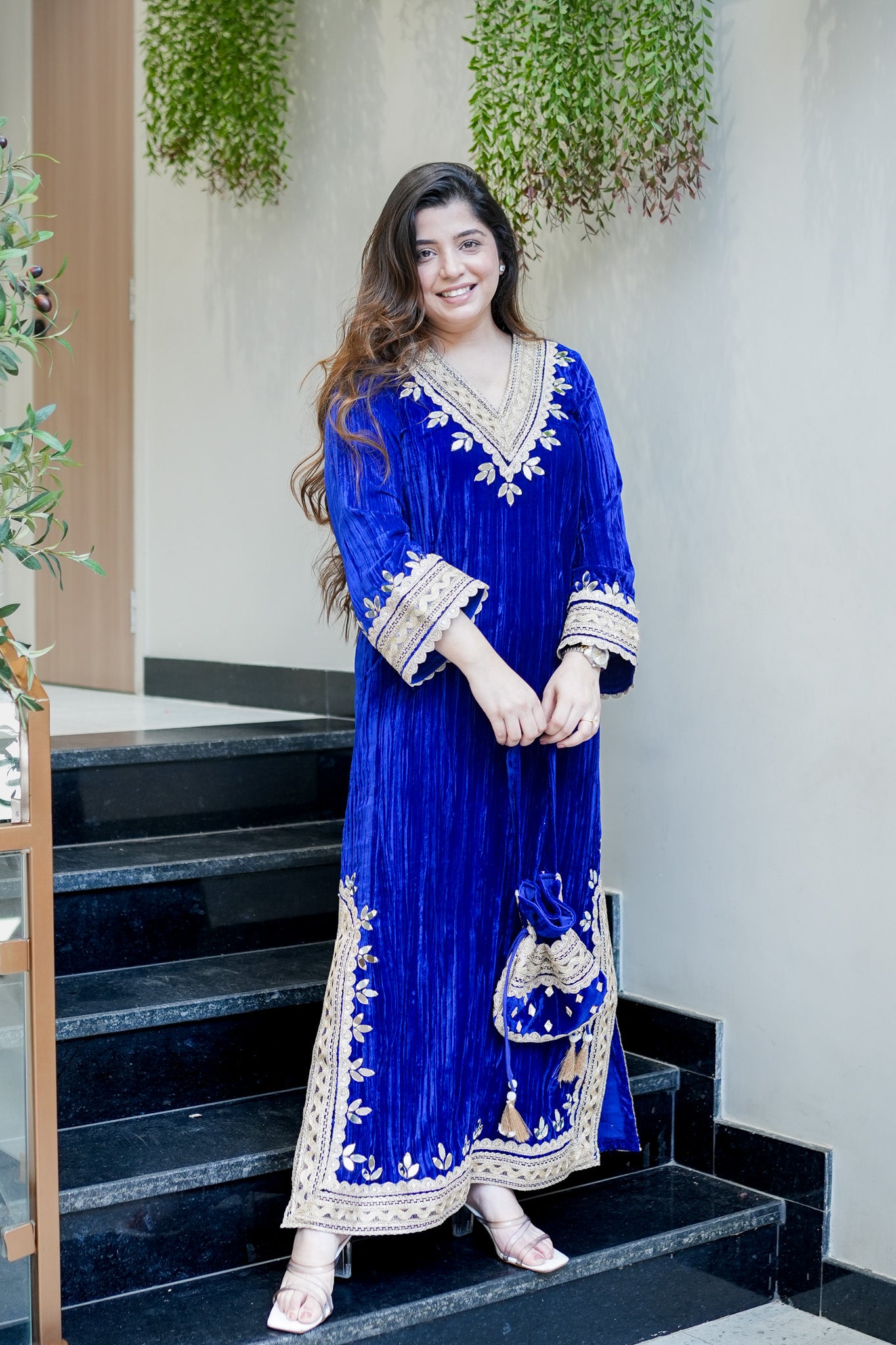 Navisha Embroidered Velvet Dress with Potli