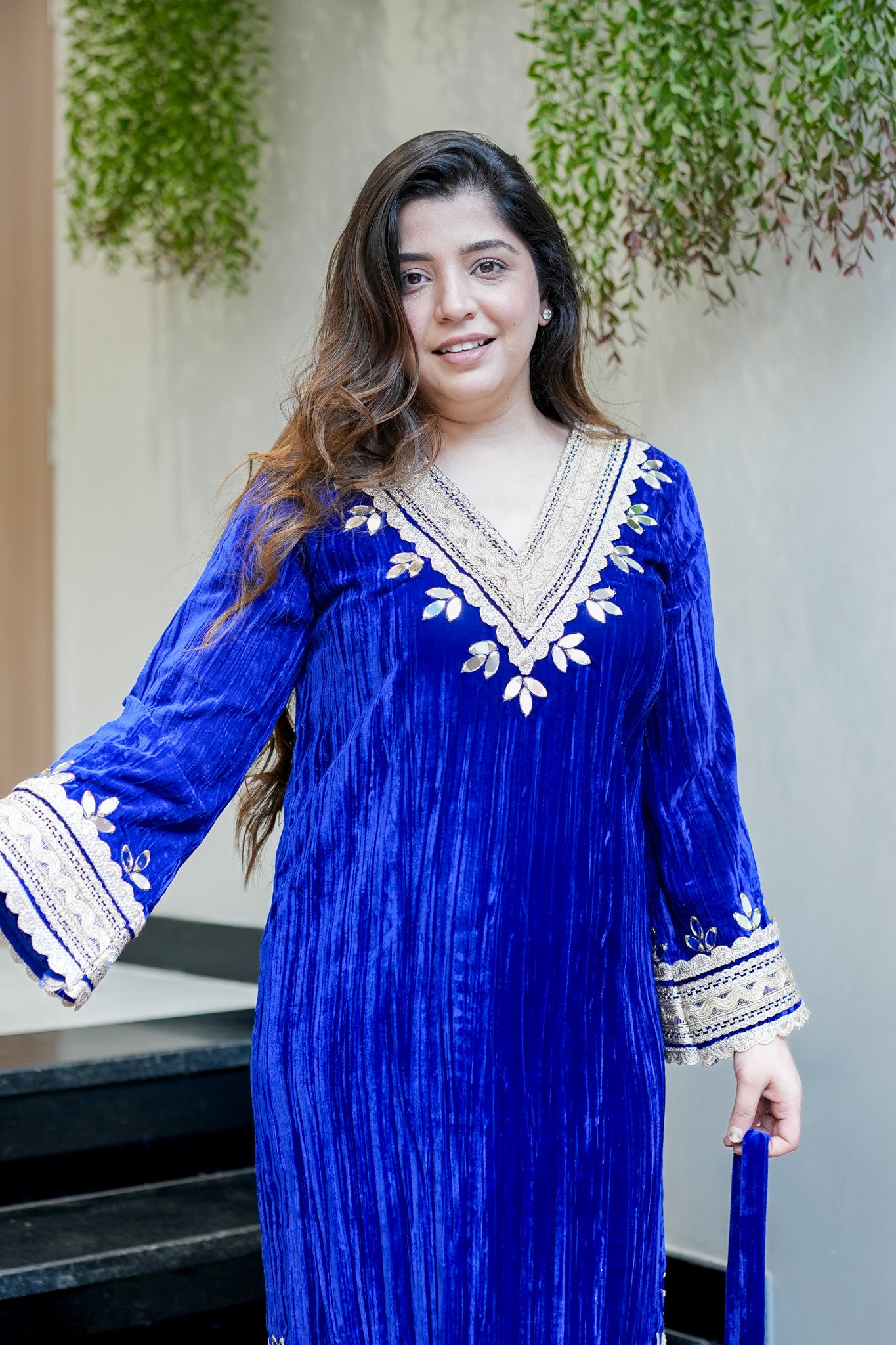 Navisha Embroidered Velvet Dress with Potli