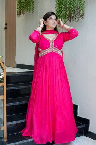 Amiya Hot Pink Mirror Work Anarkali with Dupatta