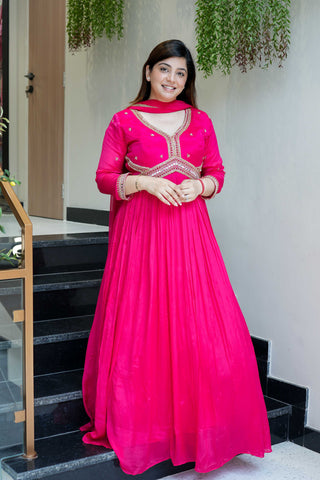 Amiya Hot Pink Mirror Work Anarkali with Dupatta