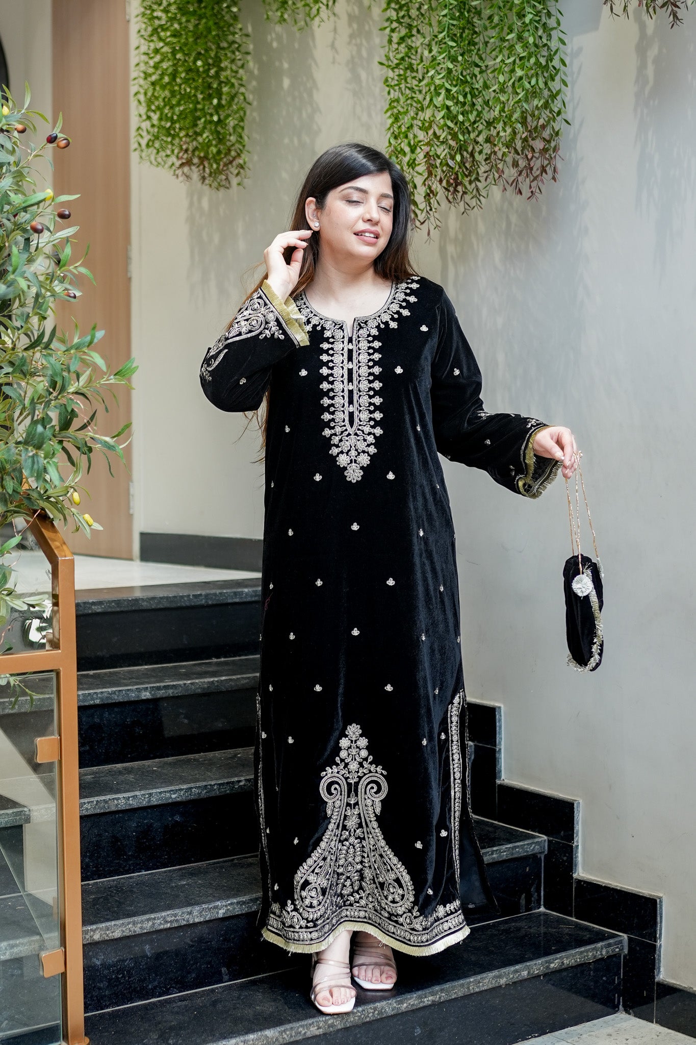 Fariya Embroidered Velvet Dress with Potli