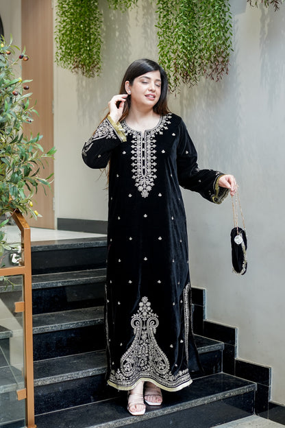 Fariya Embroidered Velvet Dress with Potli