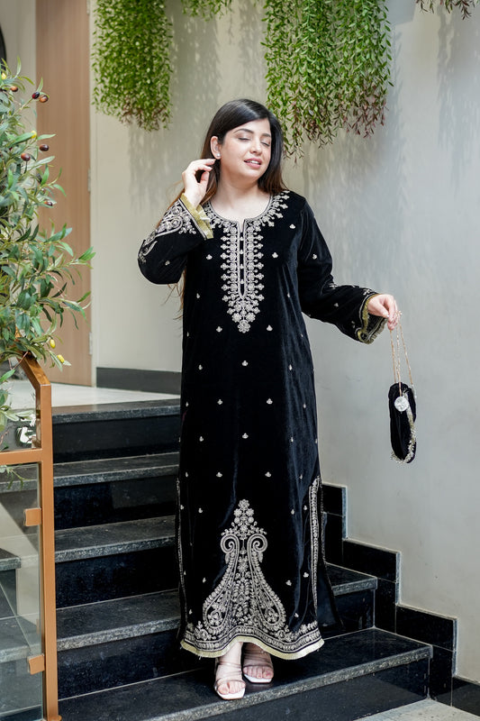 Fariya Embroidered Velvet Dress with Potli