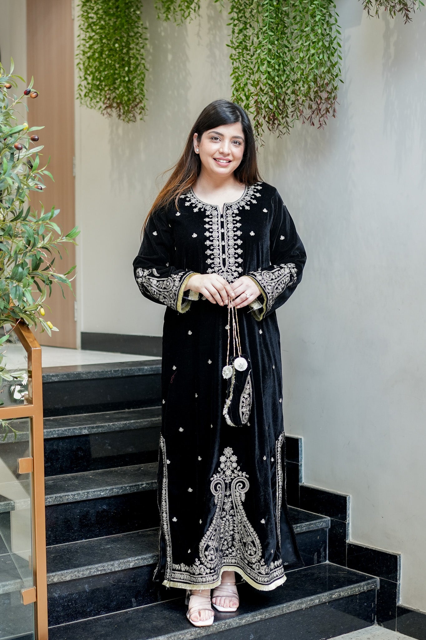 Fariya Embroidered Velvet Dress with Potli