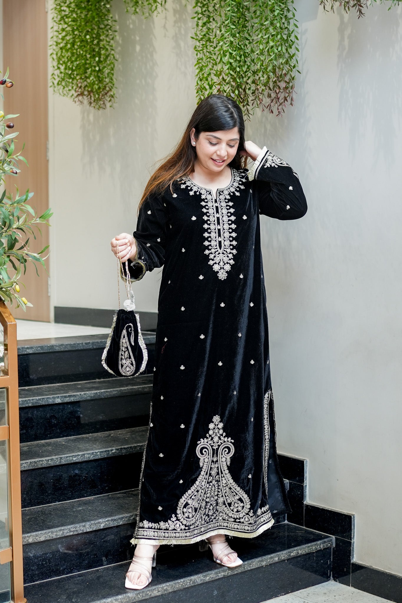 Fariya Embroidered Velvet Dress with Potli