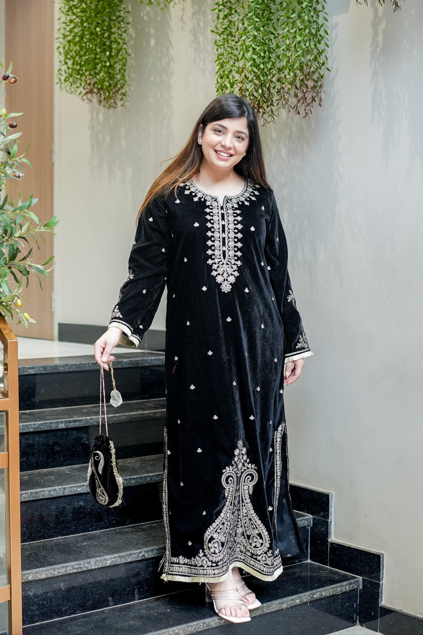 Fariya Embroidered Velvet Dress with Potli