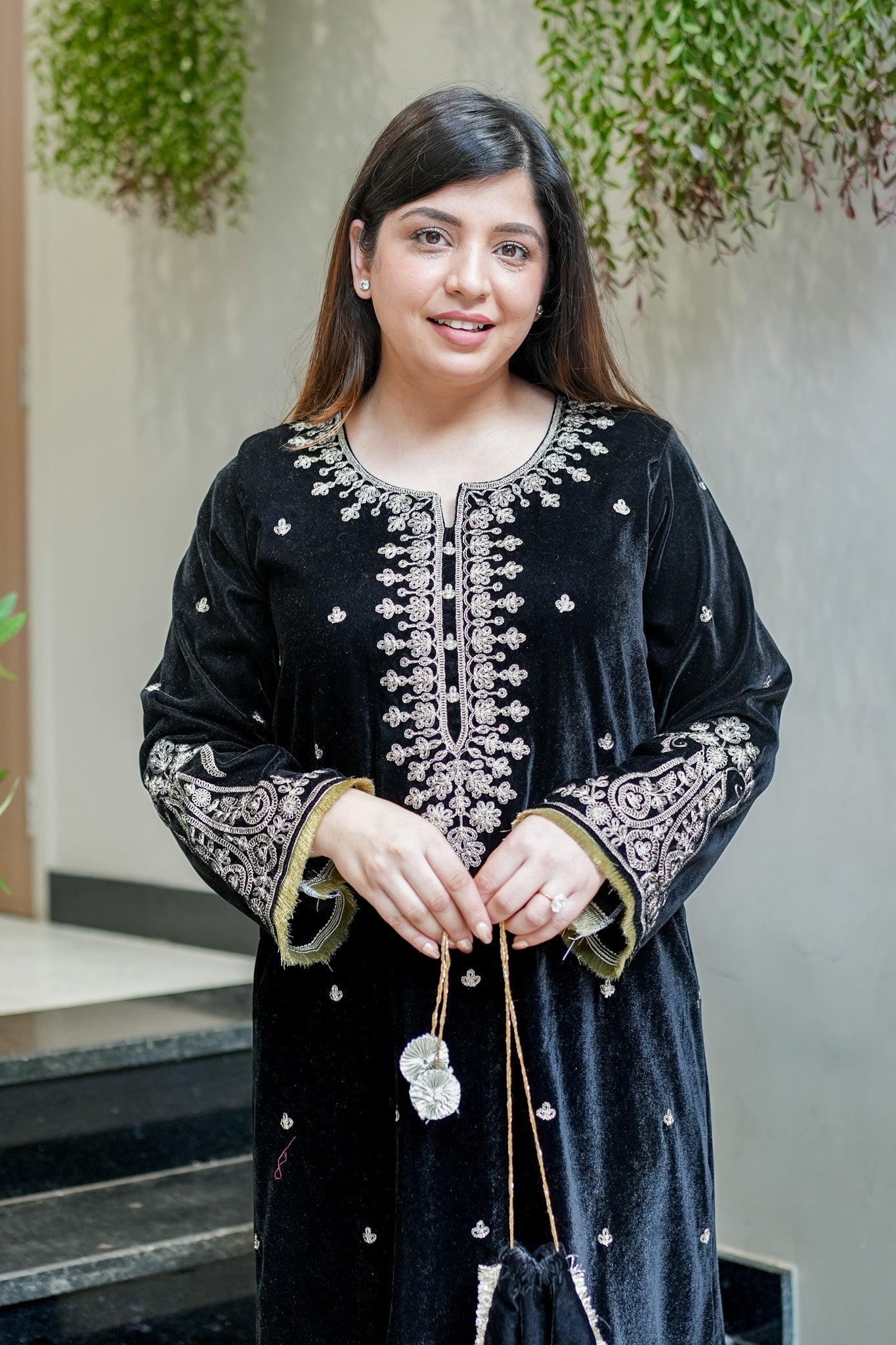 Fariya Embroidered Velvet Dress with Potli