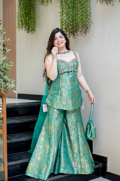 Dhruvi Embroidered Banarasi Sharara Set