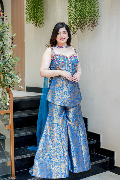 Dhruvi Embroidered Banarasi Sharara Set