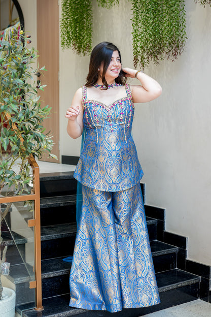 Dhruvi Embroidered Banarasi Sharara Set