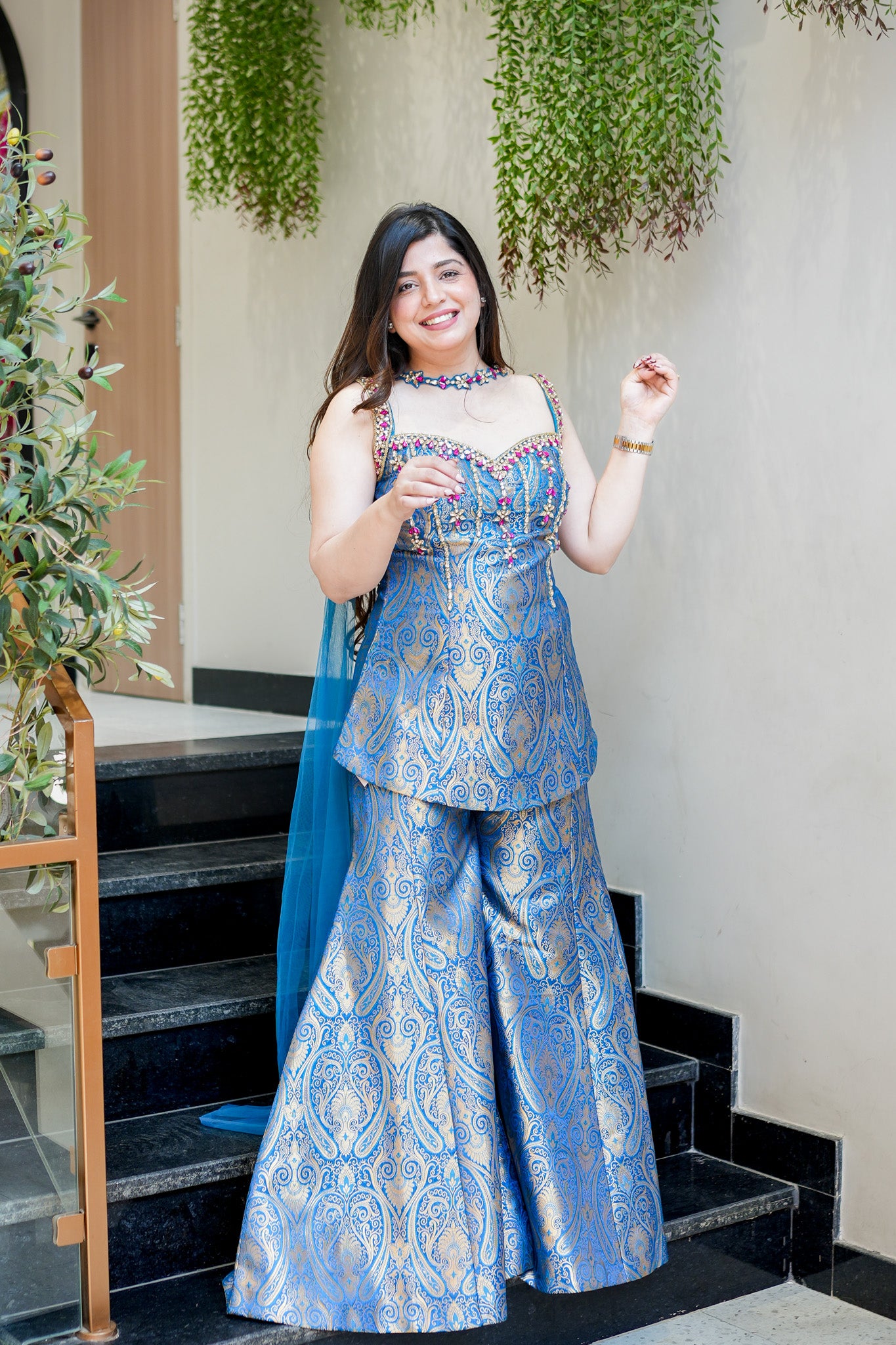 Dhruvi Embroidered Banarasi Sharara Set