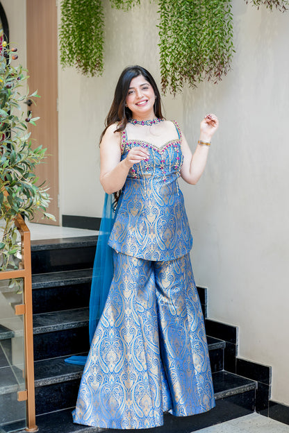 Dhruvi Embroidered Banarasi Sharara Set