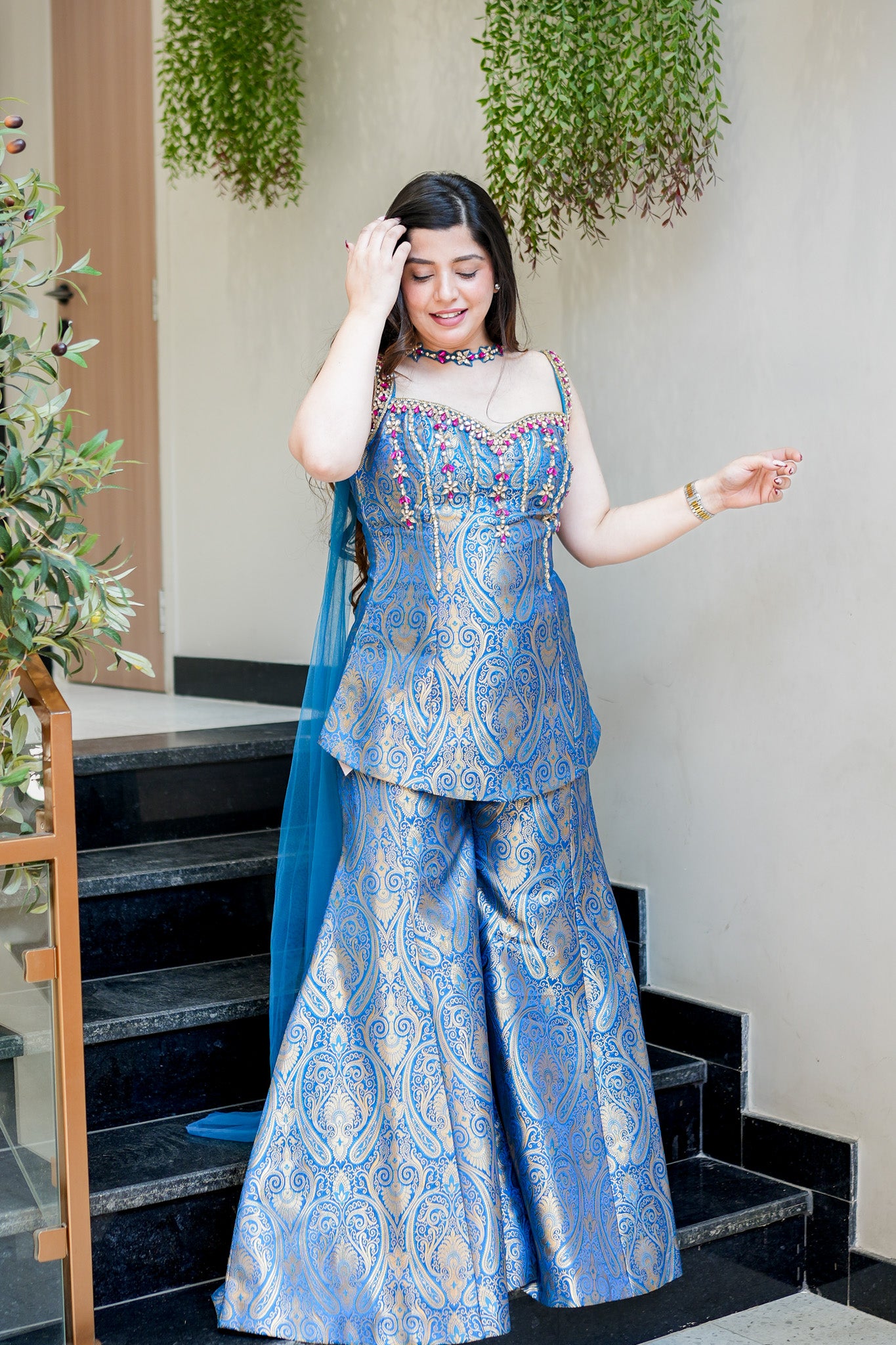 Dhruvi Embroidered Banarasi Sharara Set
