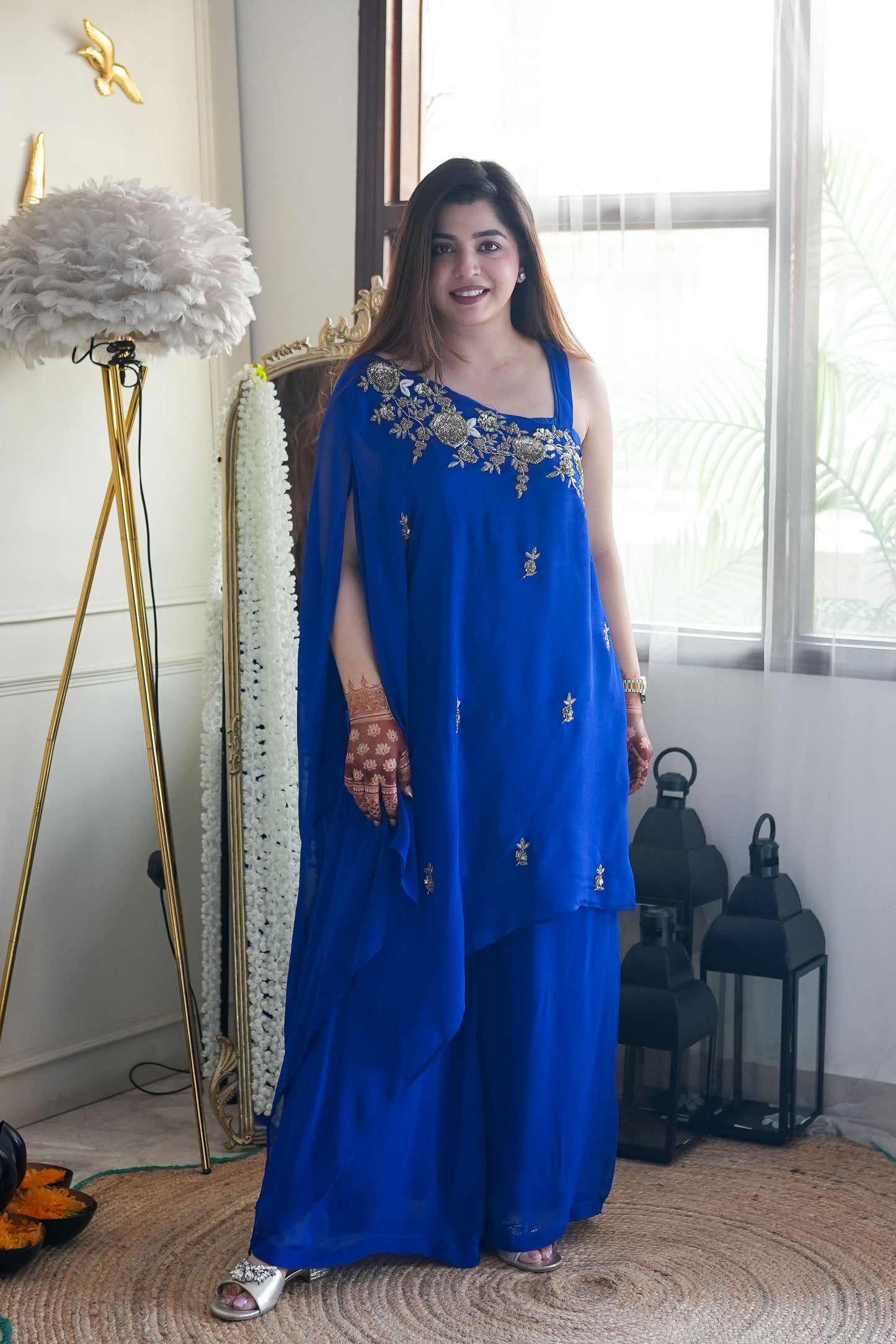 Chahat One Shoulder Blue Embroidred Cord Set