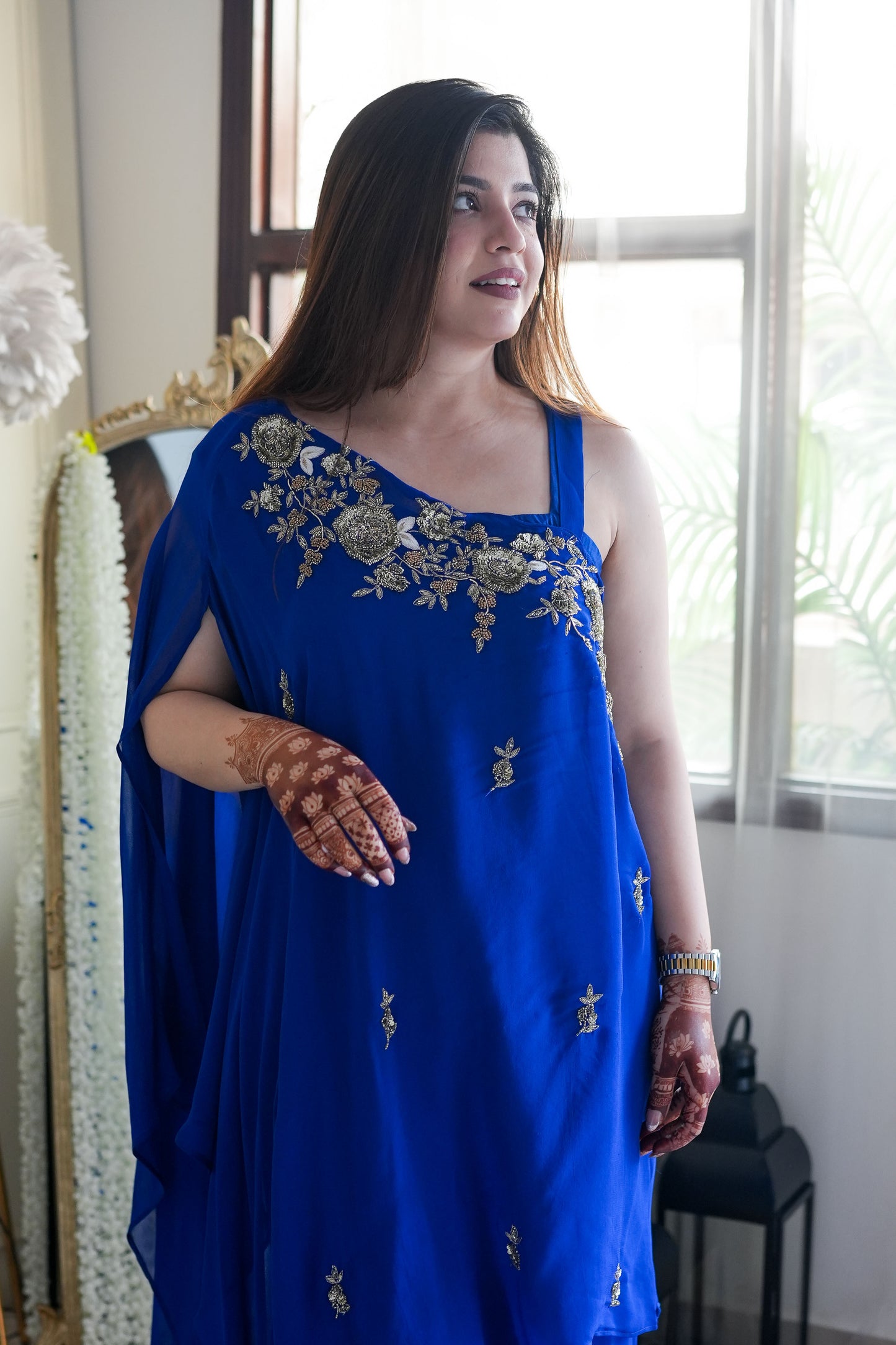 Chahat One Shoulder Blue Embroidred Cord Set