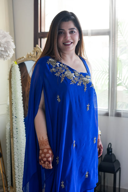 Chahat One Shoulder Blue Embroidred Cord Set