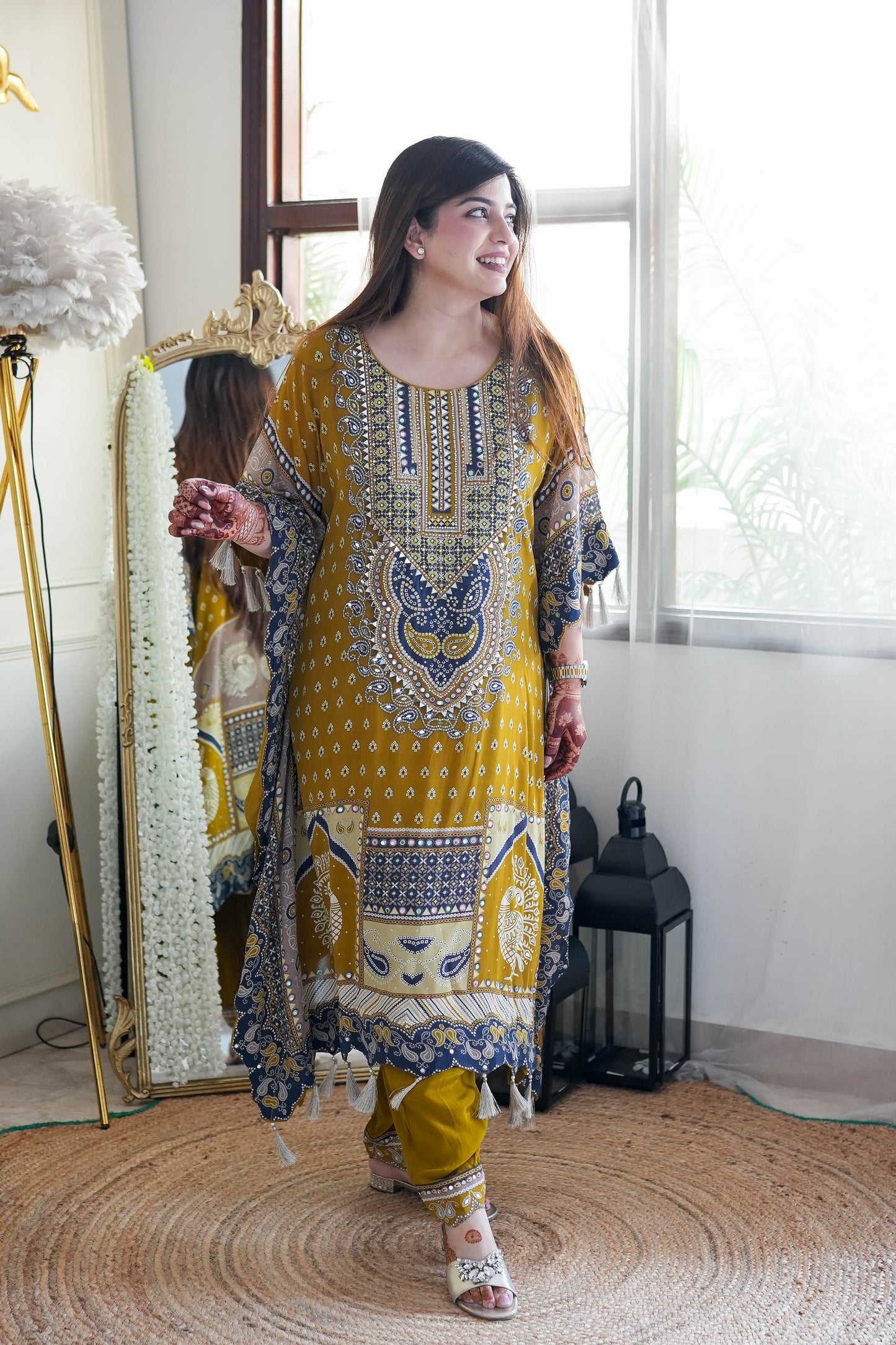 Luxe Yellow Digital Print Kaftan Set