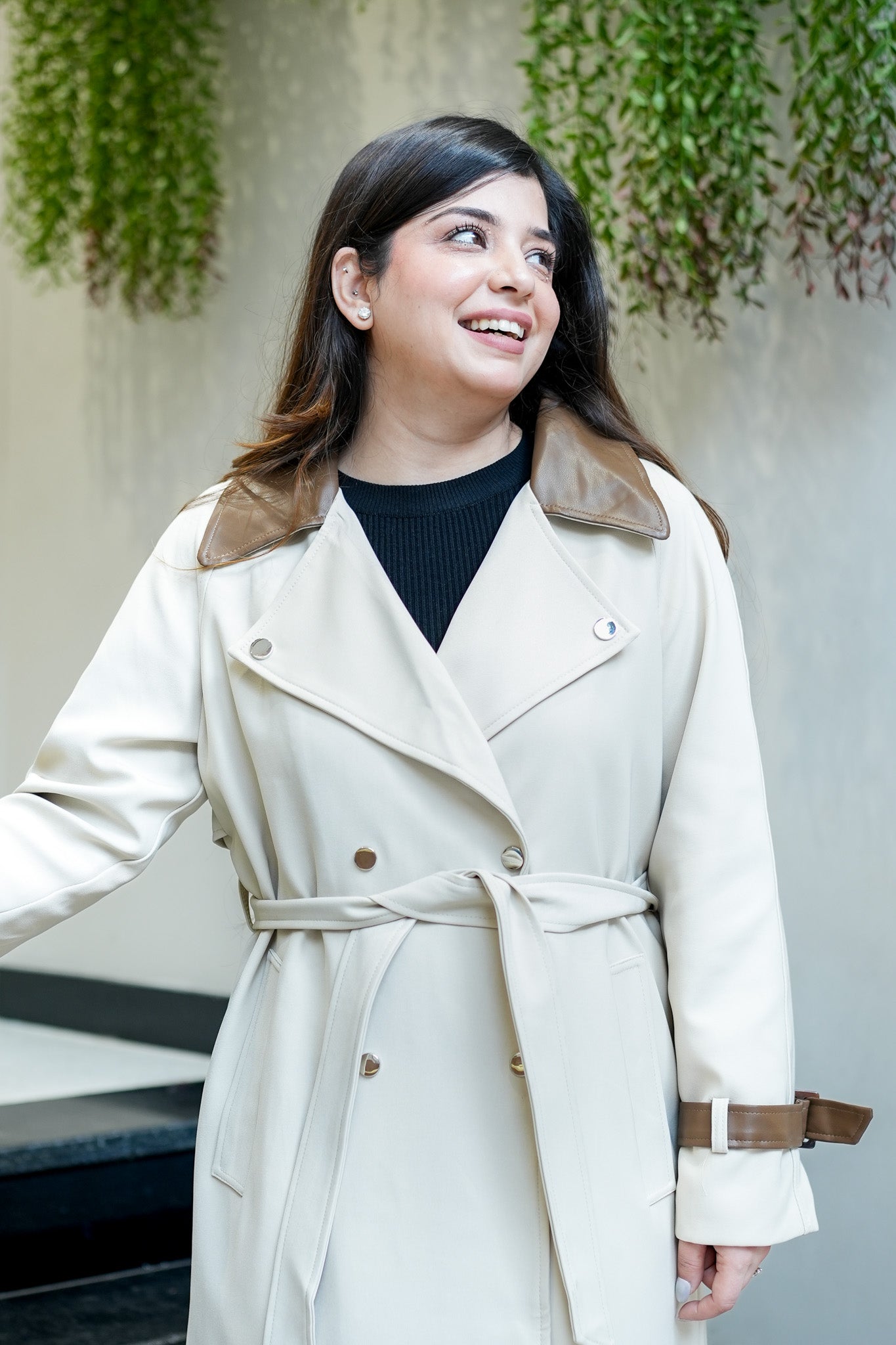 Dune Leather Detailing Trench Coat