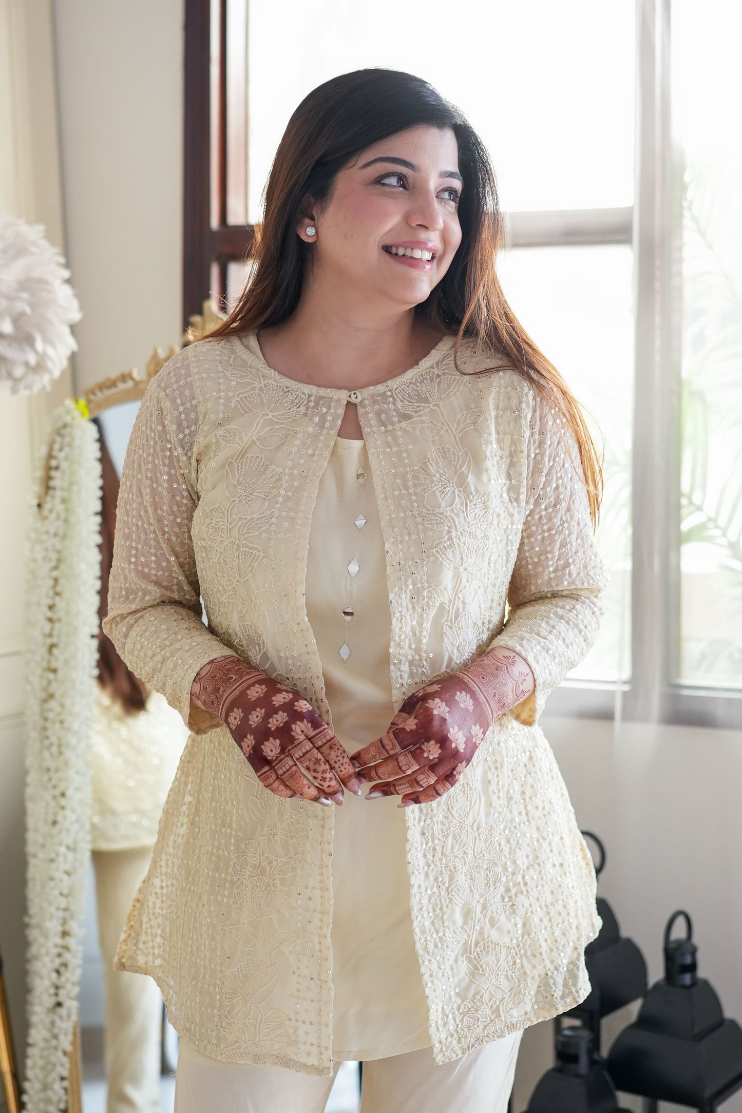 Husan Beige Cutwork Three piece