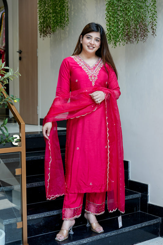 Anvi Hot Pink Embroidered Suit Set