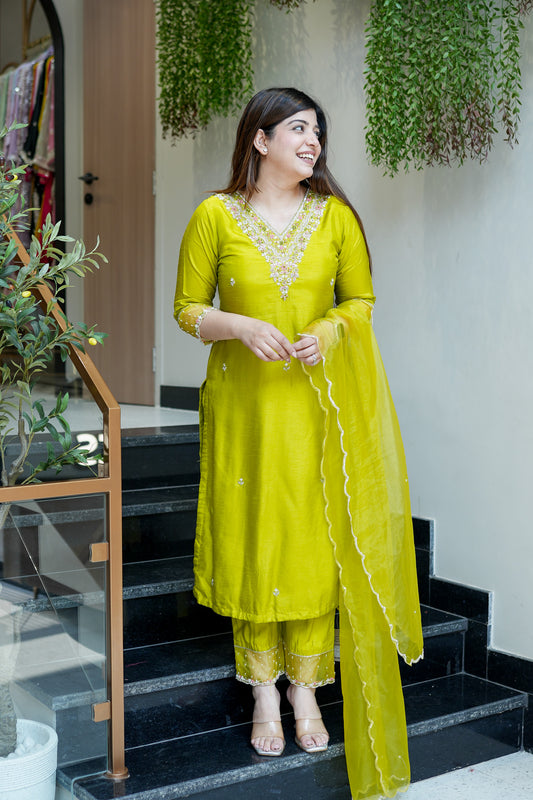 Anvi Green Embroidered Suit Set