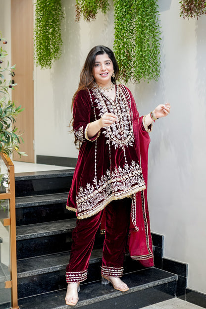 Nehera Maroon Upside Down Embroidered Velvet Suit