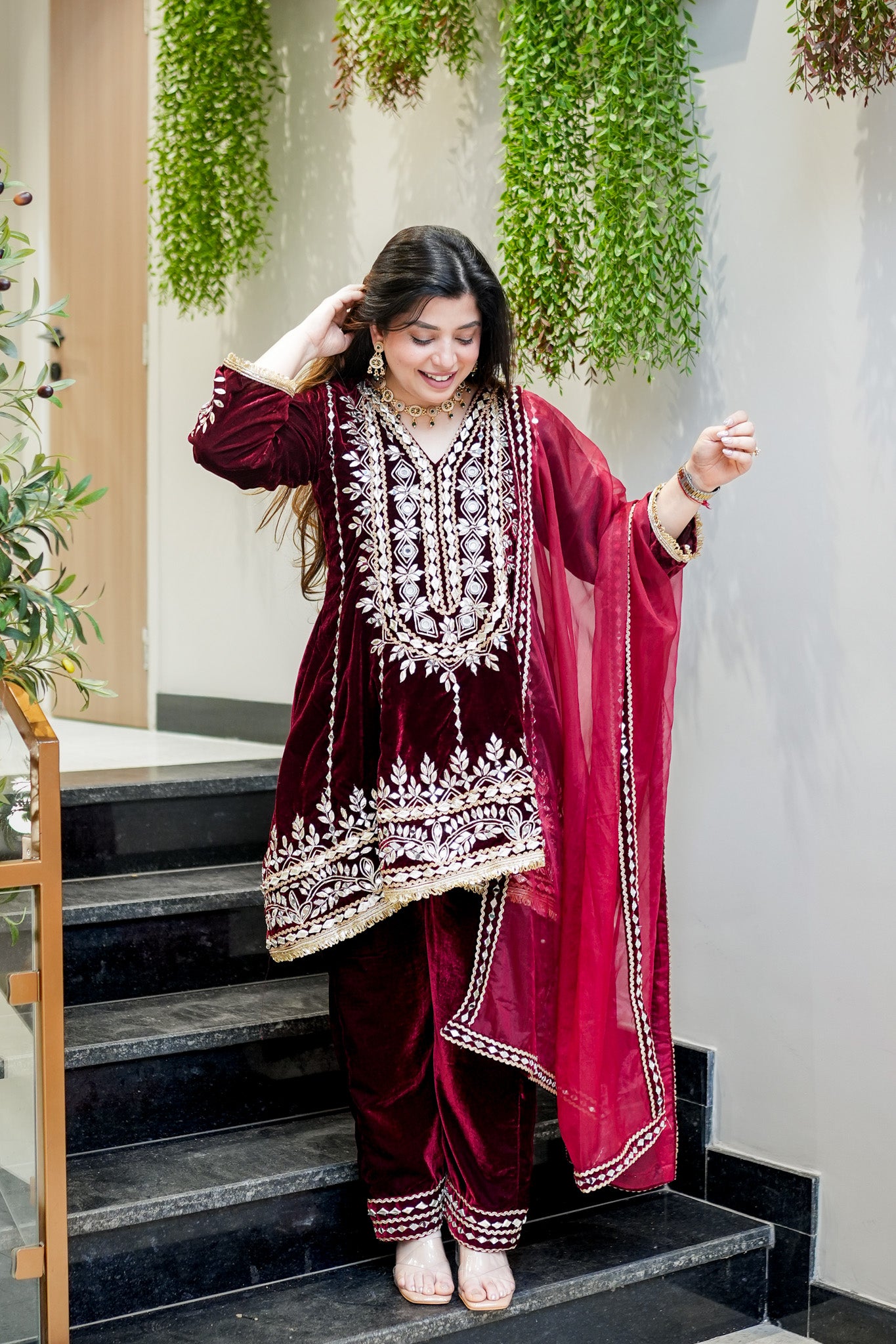 Nehera Maroon Upside Down Embroidered Velvet Suit